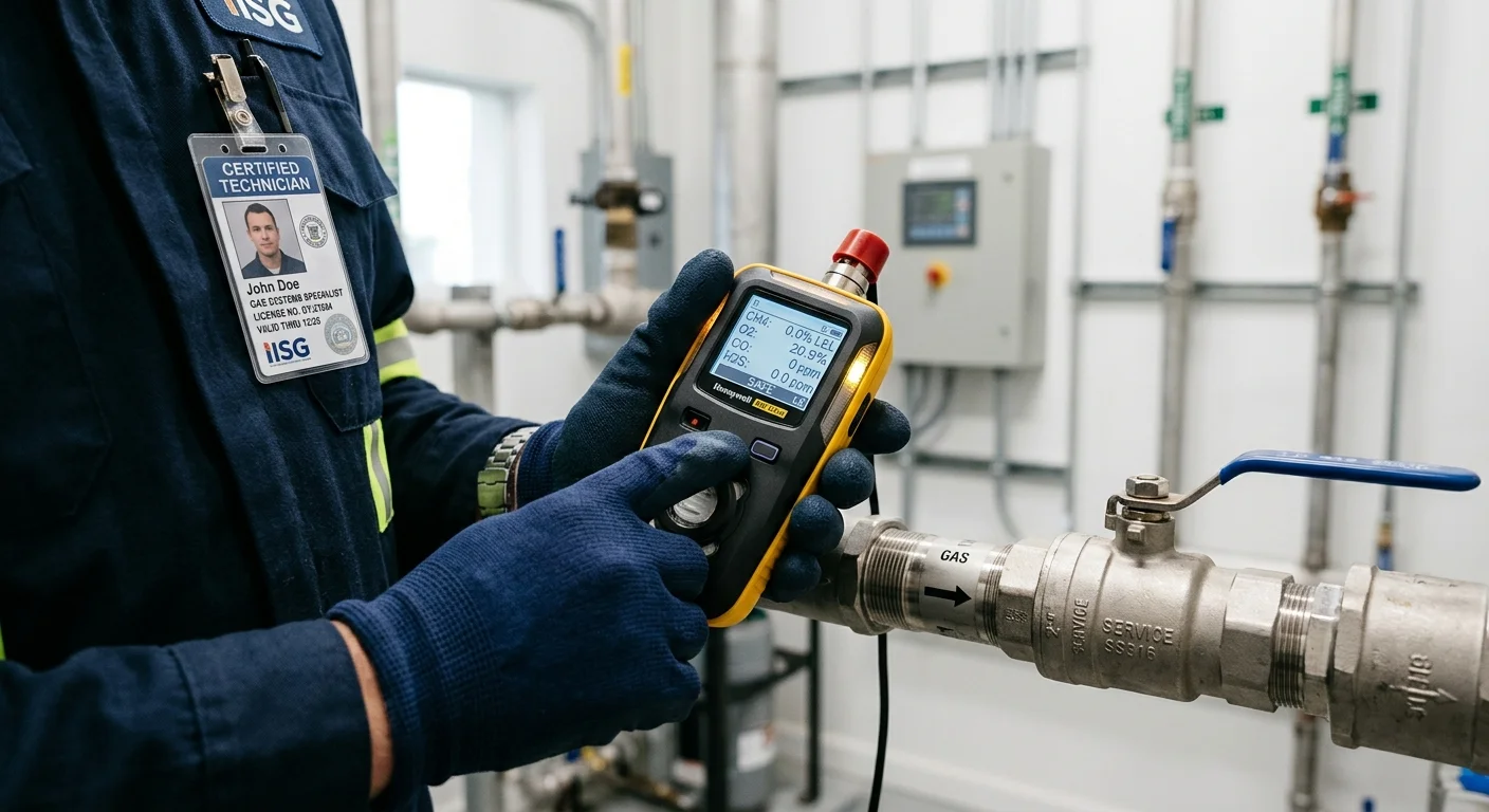 A close-up of a technicians gloved hands holding a digital gas detector near a pipe connection, with a professional-look
