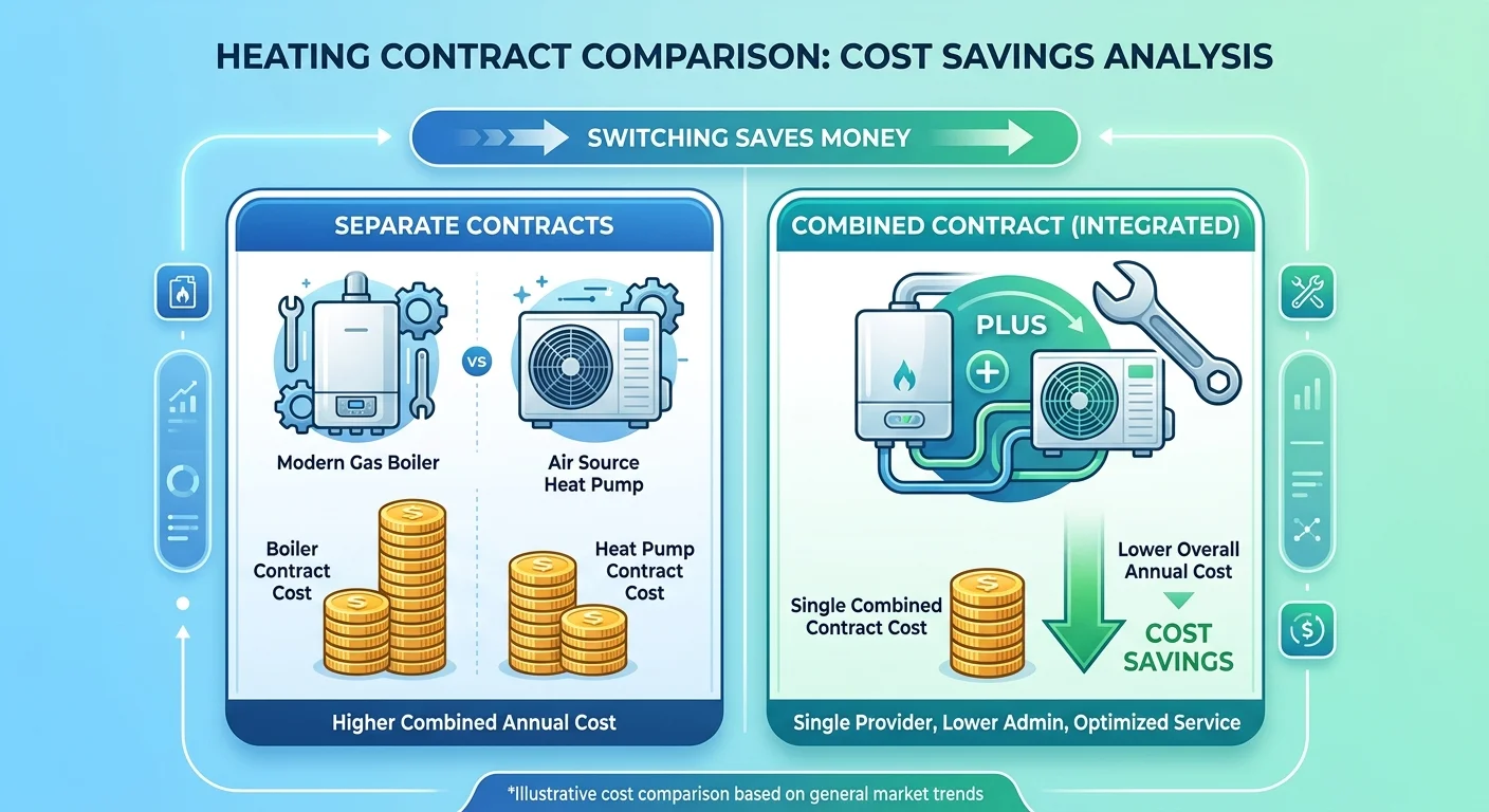 A comparison chart showing two columns. One column represents Separate Contracts with icons for a boiler and a heat pump