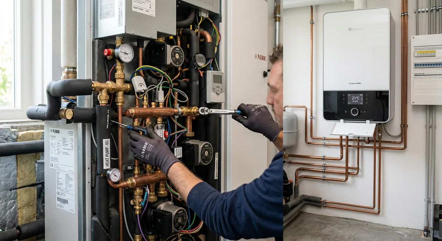 A detailed, close-up shot of a technicians hands adjusting a complex hybrid heat pump system, with a modern CV-ketel vis