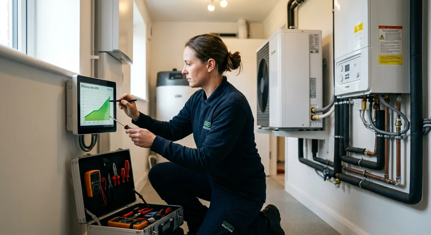 A technician with a toolbox, carefully adjusting a control panel that shows an energy efficiency graph with an upward tr