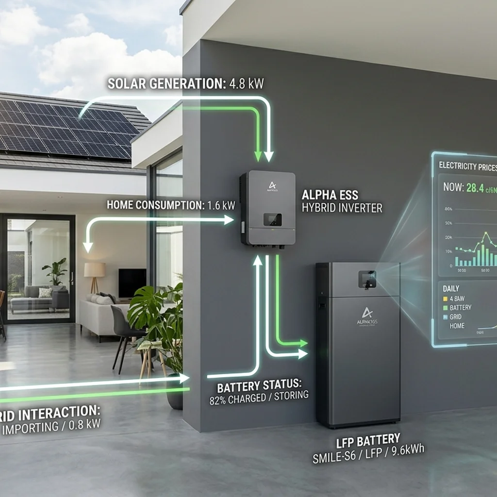 Afbeelding van een thuisbatterij als slim energiebeheercentrum met dynamisch energiecontract.