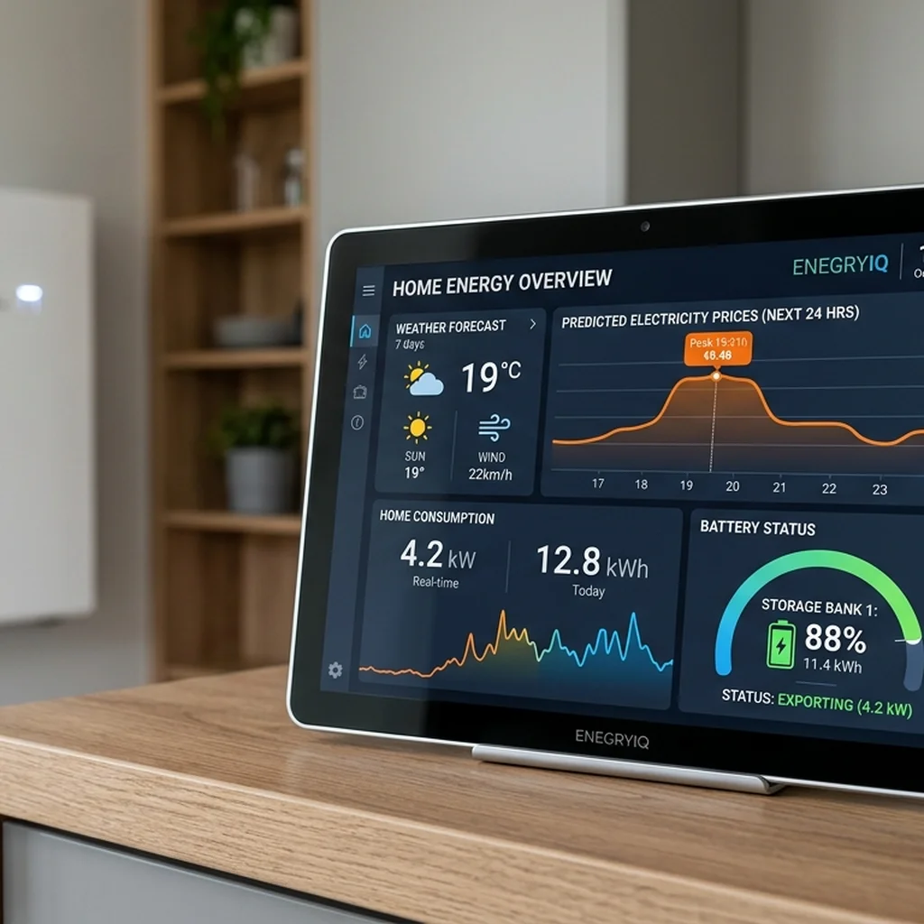 Scherm van een slimme thuisbatterij met geautomatiseerd energiebeheer en prijsvoorspellingen.