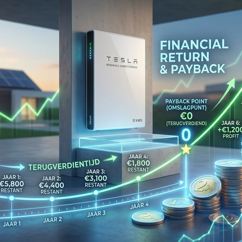 Visualisatie van de terugverdientijd en financiële voordelen van een thuisbatterij.