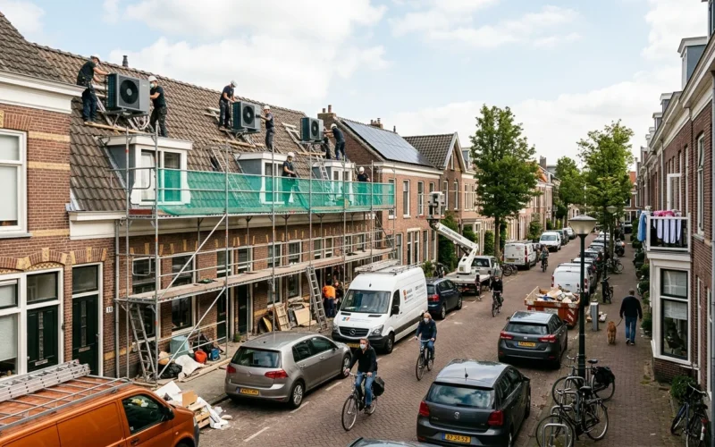 A busy street in a typical Dutch residential area with houses undergoing renovations. Scaffolding is visible on some hou