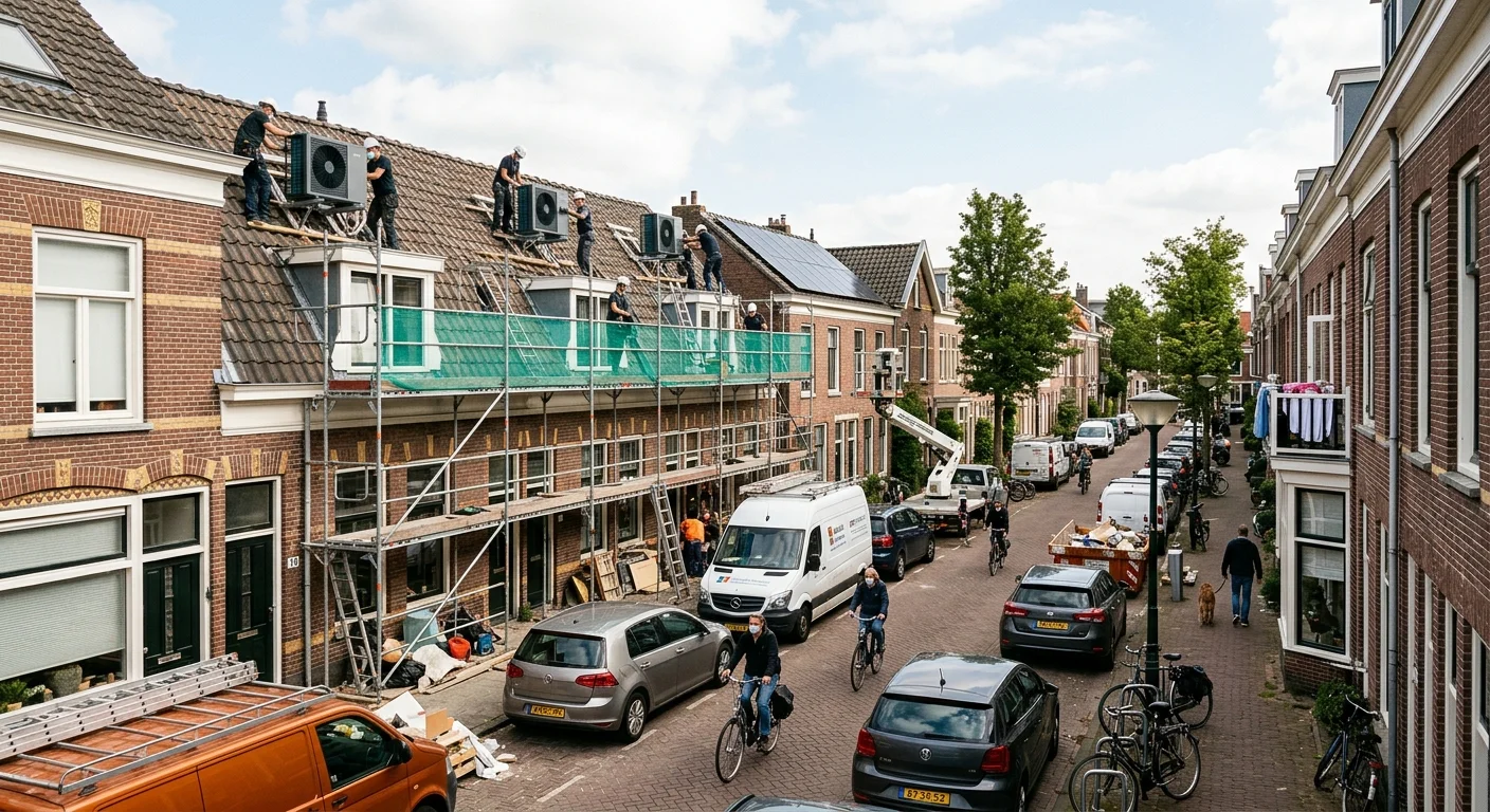 A busy street in a typical Dutch residential area with houses undergoing renovations. Scaffolding is visible on some hou